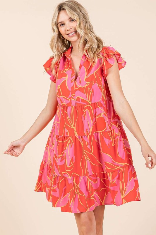 Leaf Print Ruffle Sleeve Tiered Mini Dress in Red, Pink, Orange