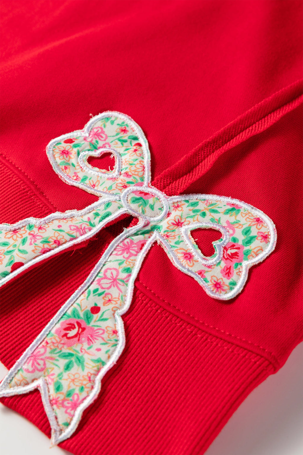 Fiery Red Floral Bow Patchwork Baggy Sweatshirt with Exposed Seams
