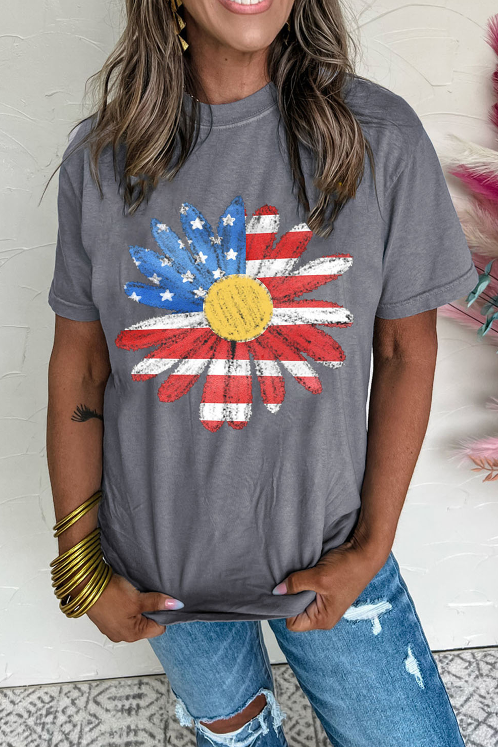 Gray crew neck t-shirt featuring a sunflower flag graphic print