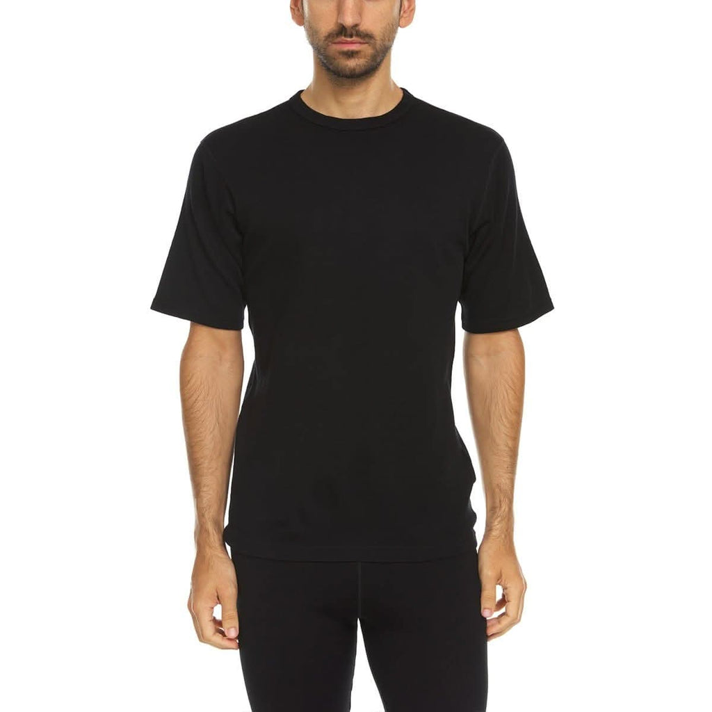 Close up of the Sentinel black midweight Merino wool short sleeve crew tee.