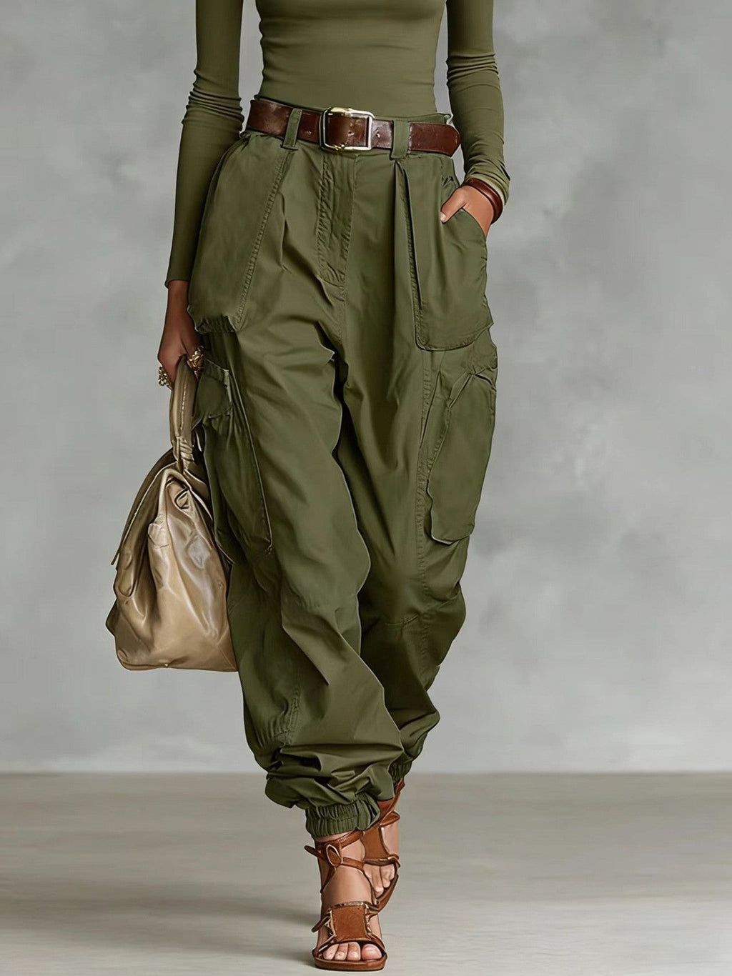 Women's High-Waist Beige Cargo Joggers with Elastic Cuffs - Image 4