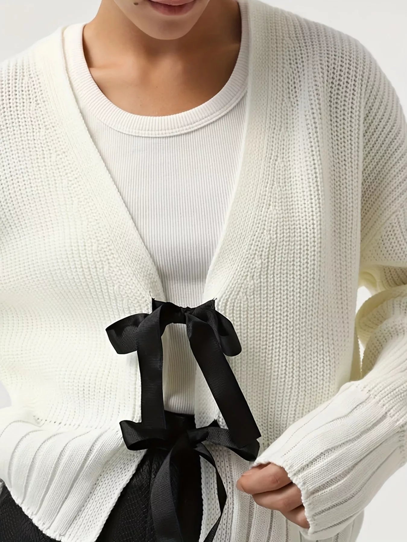 Tie Front Knit Cardigan - Cropped V-Neck Long Sleeve