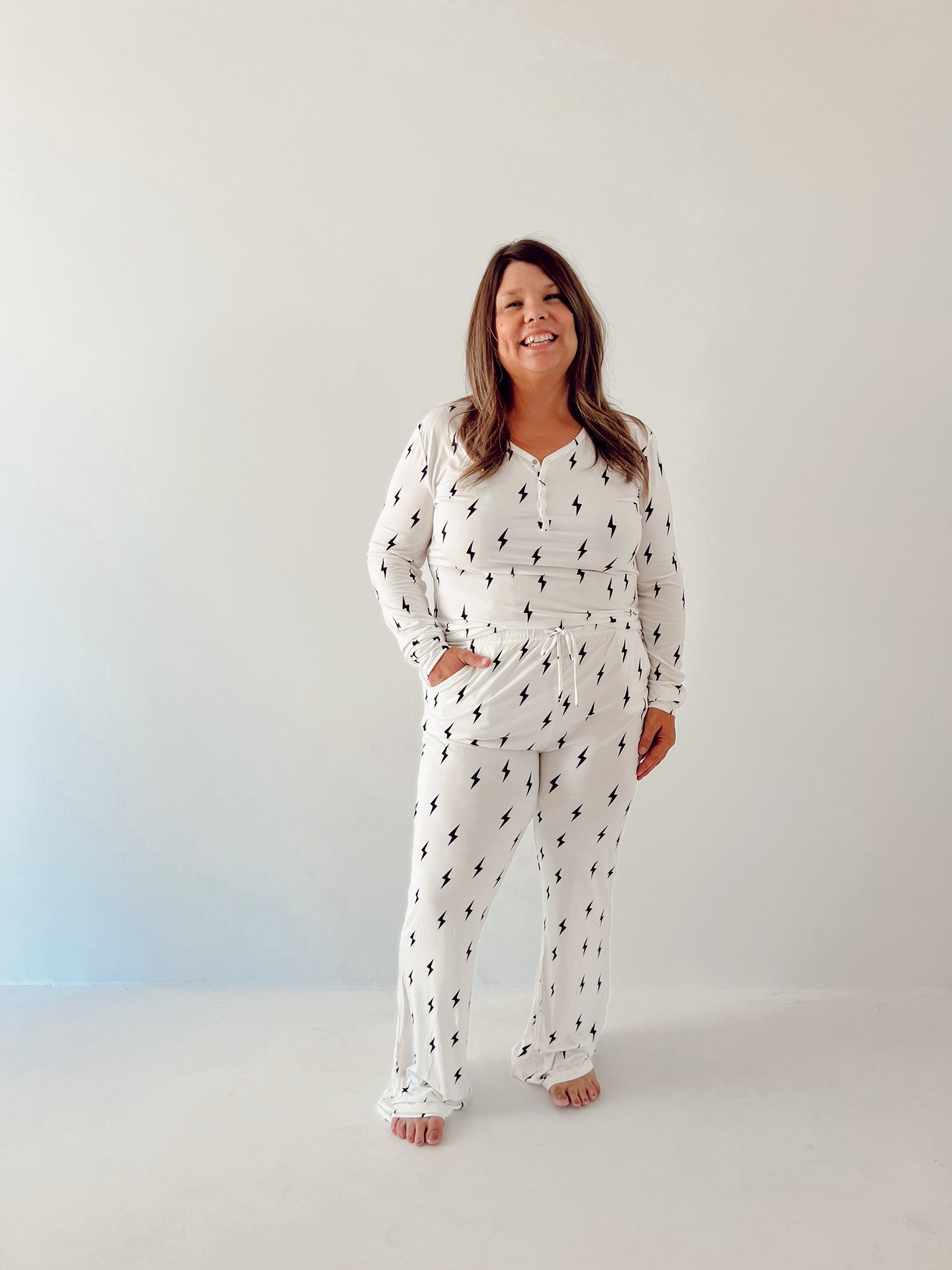 Women's Long Sleeve Bamboo Pajama Set in White & Black Lightning Bolt