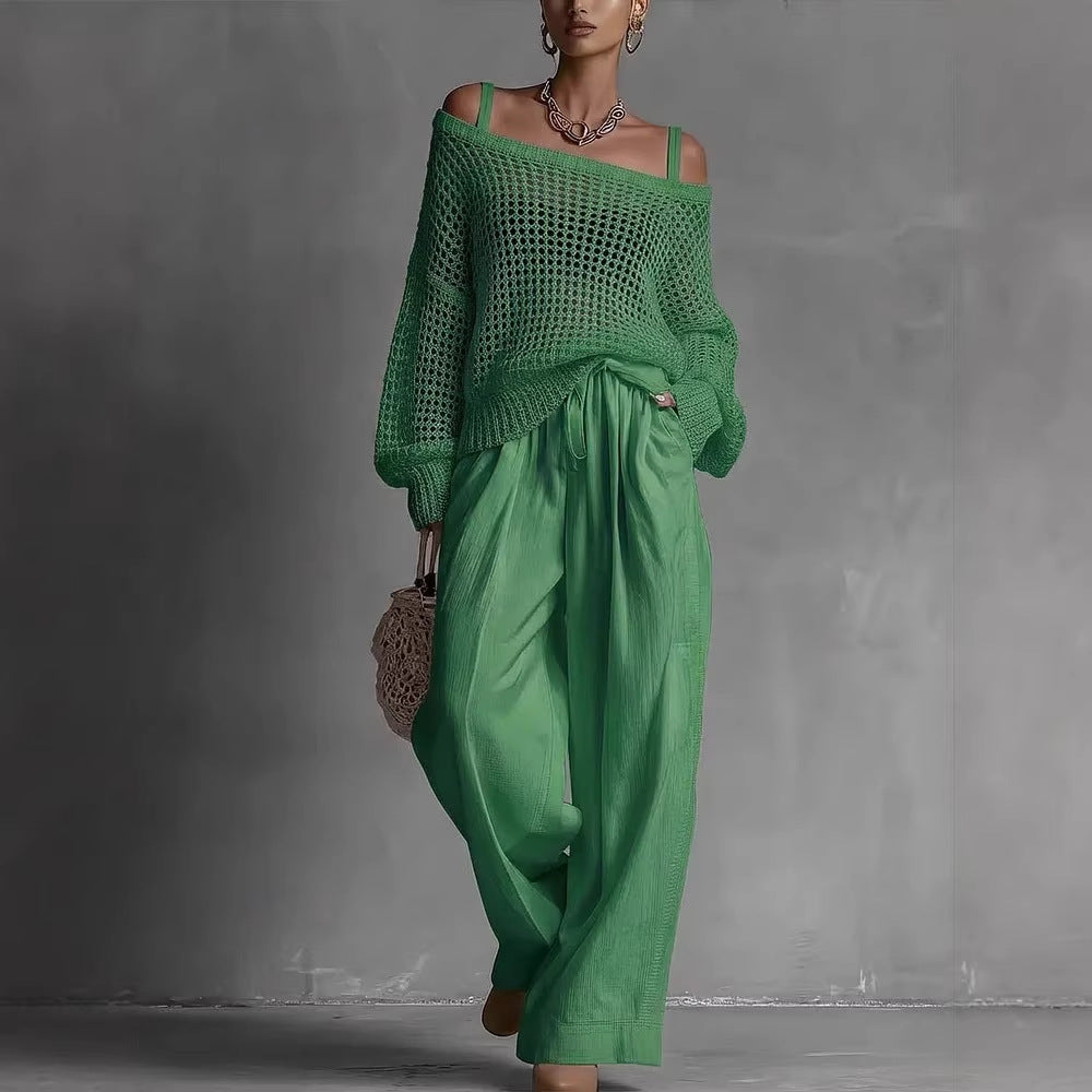Women's Hollow-Out Knit Top and Wide-Leg Linen Pants Two-Piece Set - Image 3