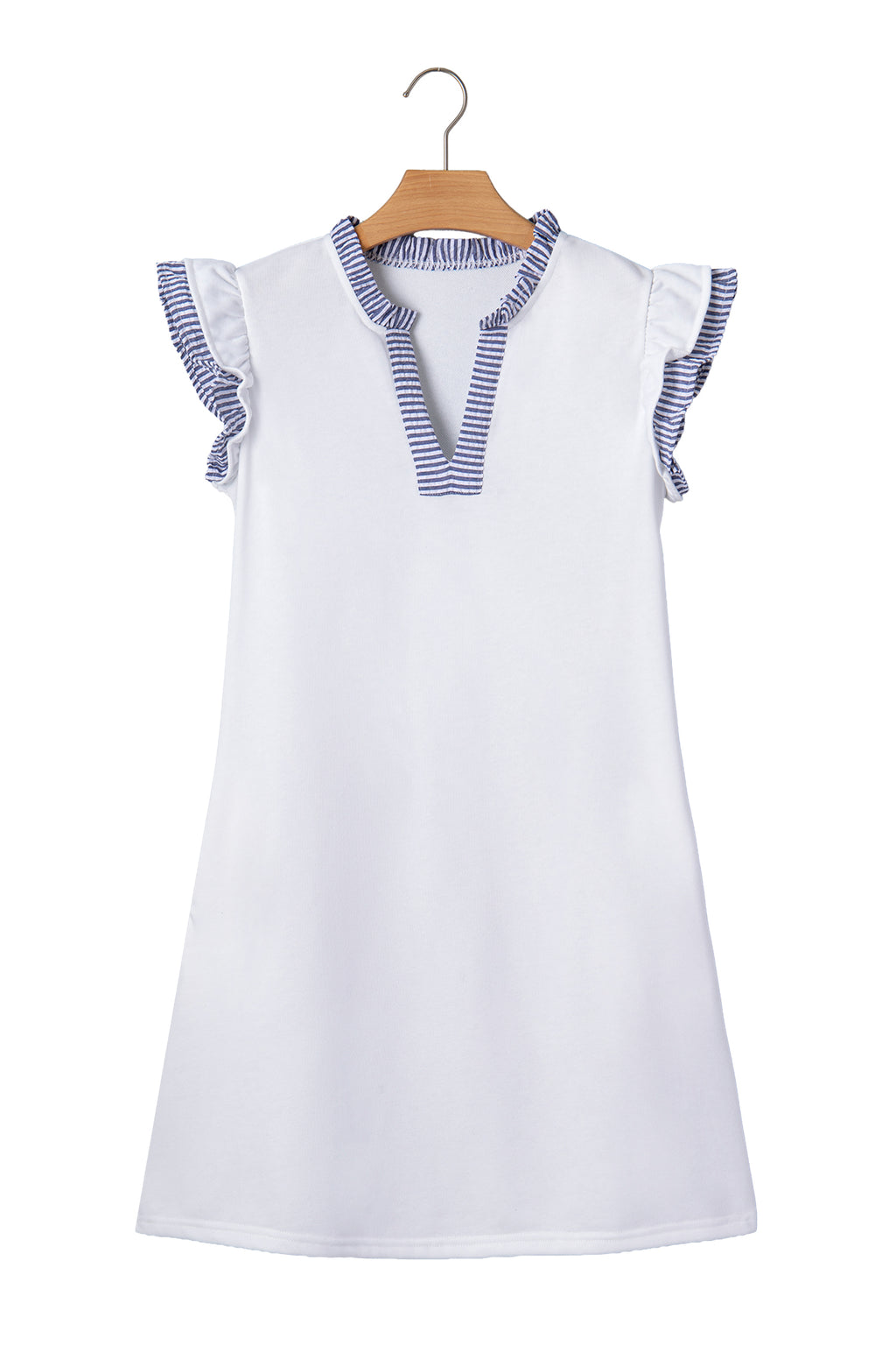 White Contrasted Striped Patchwork Split Neck Ruffle Trim Sleeveless Dress
