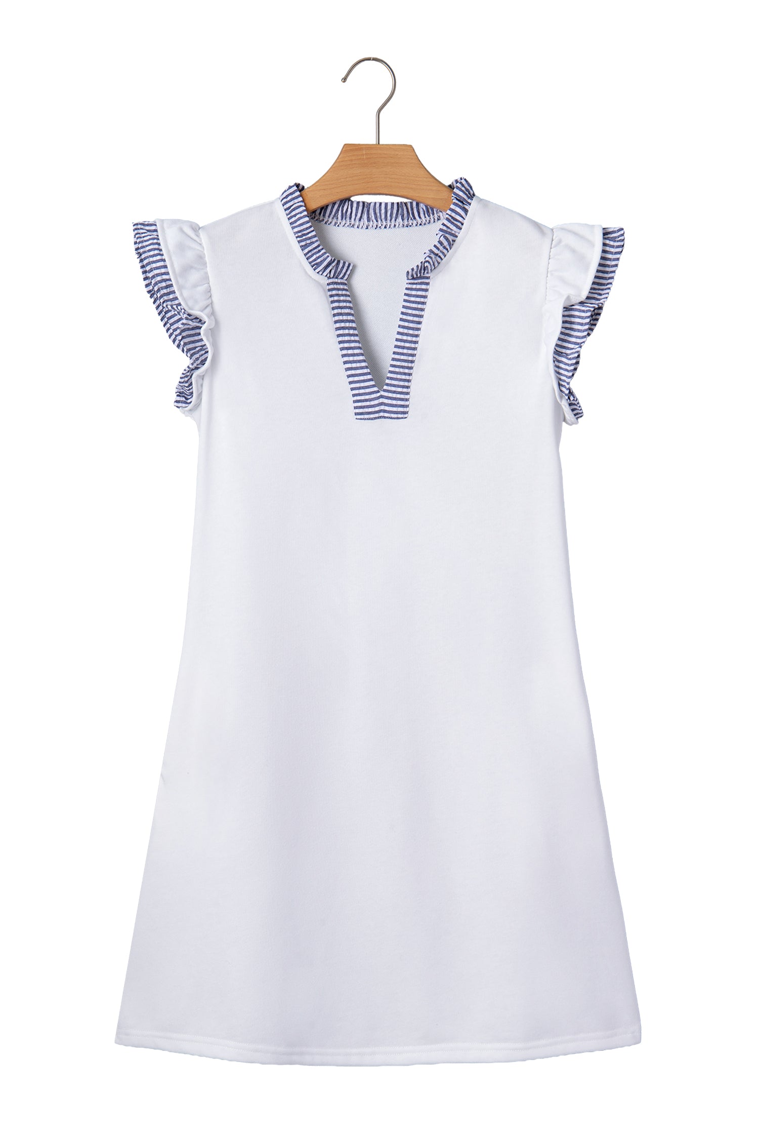 White Contrasted Striped Patchwork Split Neck Ruffle Trim Sleeveless Dress