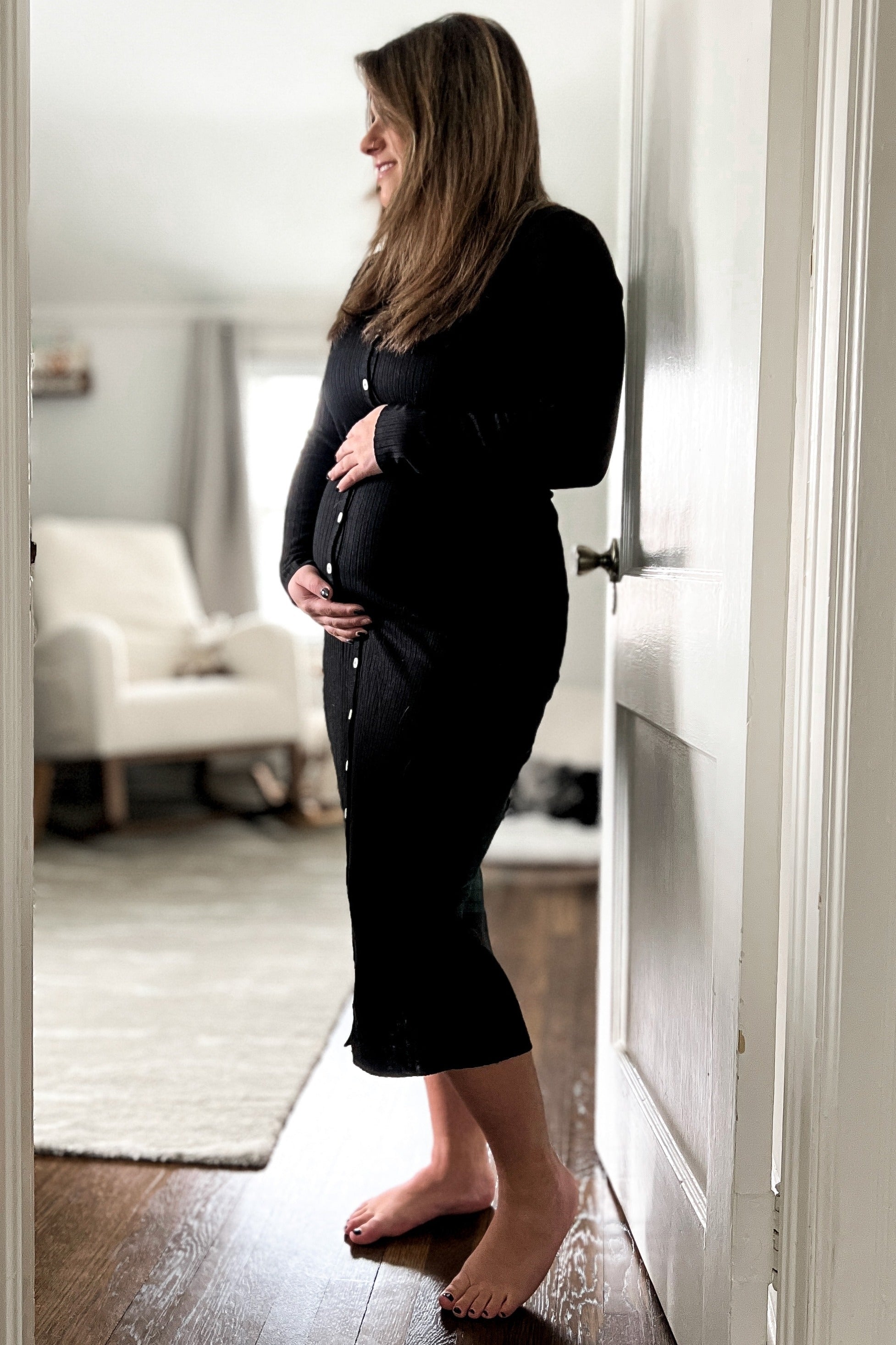 Black Ribbed Button Front Midi Cardigan Maternity Dress