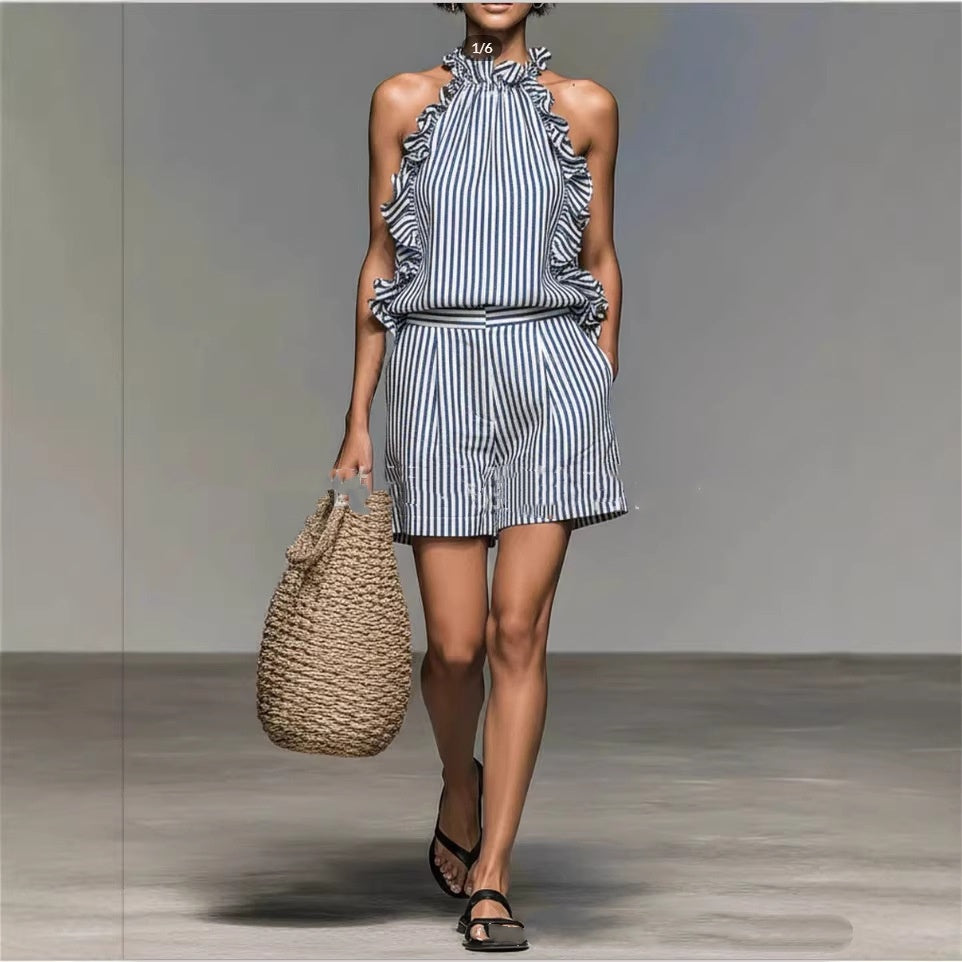 Women's Striped Ruffled High Neck Sleeveless Top and Shorts Set - Image 2