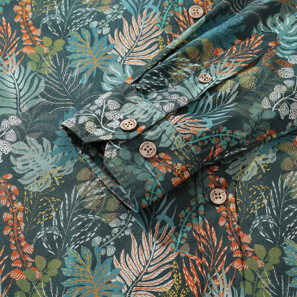 Emerald Tropical Leaf Print Long Sleeve Cotton Hawaiian Shirt