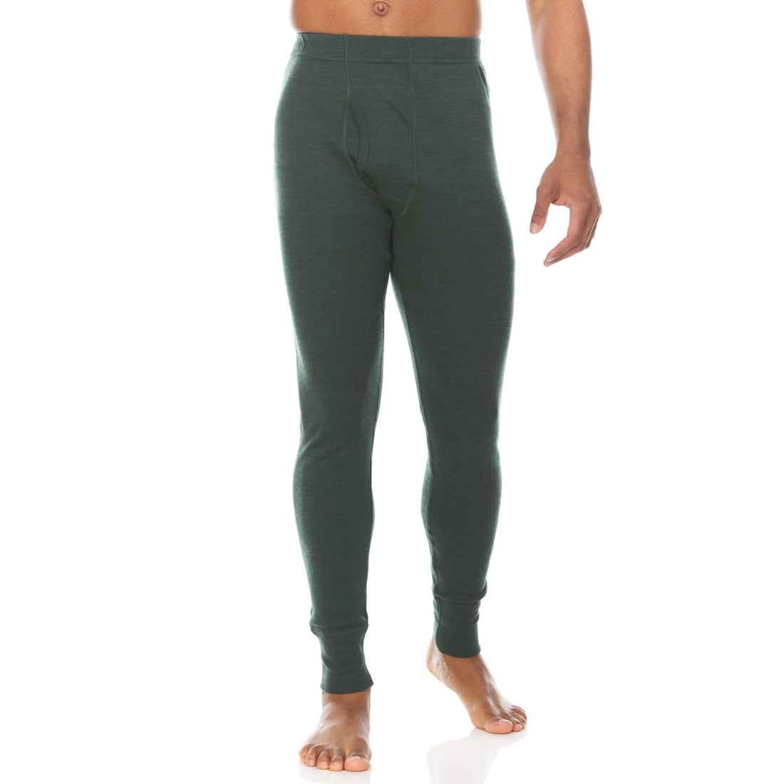 Men wearing midweight 100% Merino wool thermal base layer bottoms for cold weather