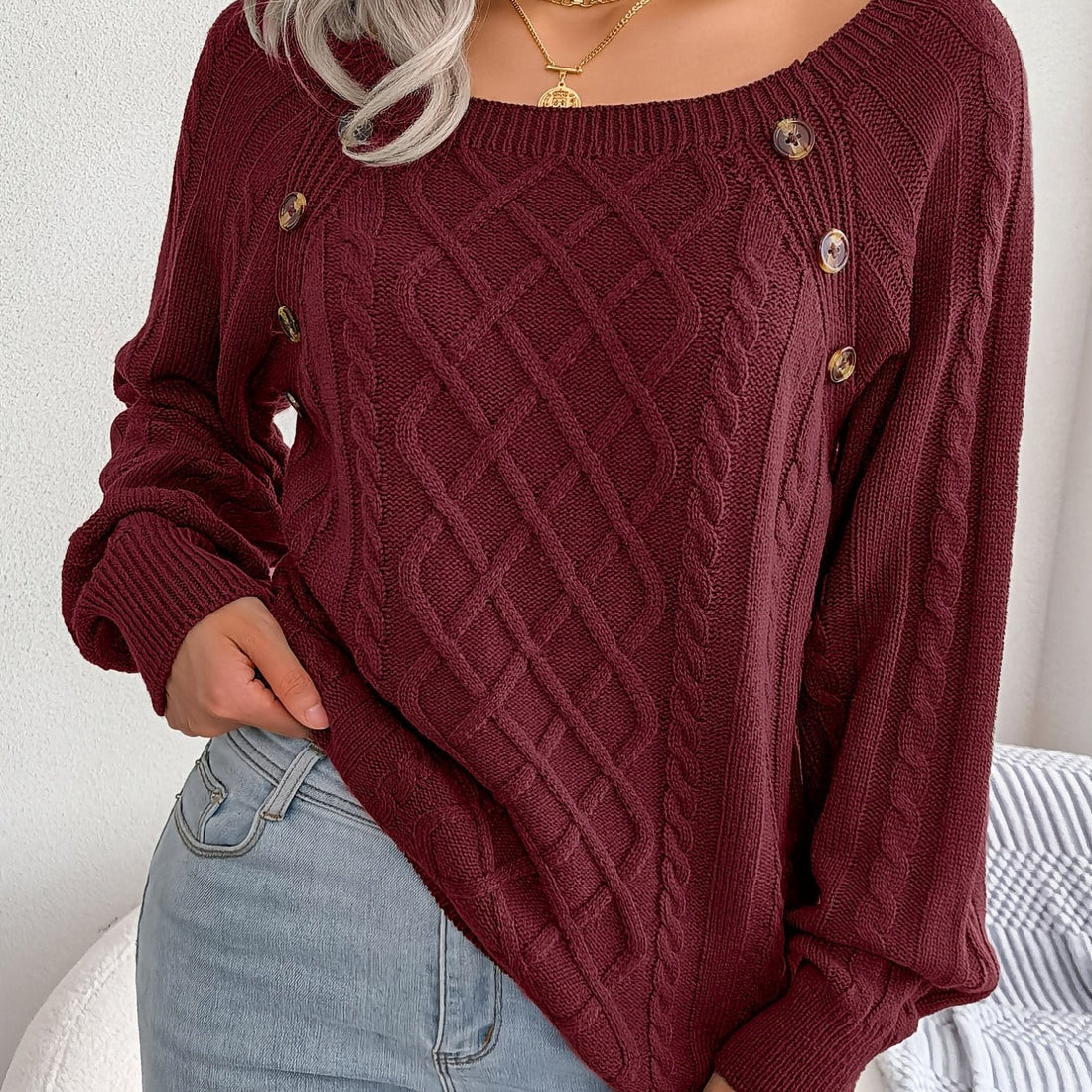 Women's Textured Cable Knit Sweater with Decorative Buttons - Image 28