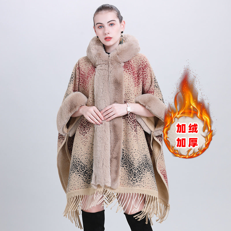 Women's Knitted Hooded Poncho with Fur Trim & Tassels for Winter