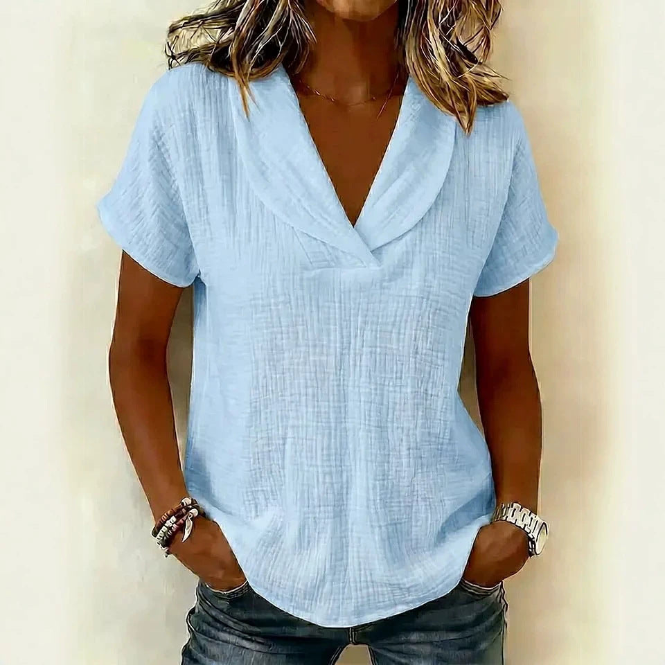 Women's Short Sleeve Butterfly Collar Top Textured Casual Blouse - Image 3
