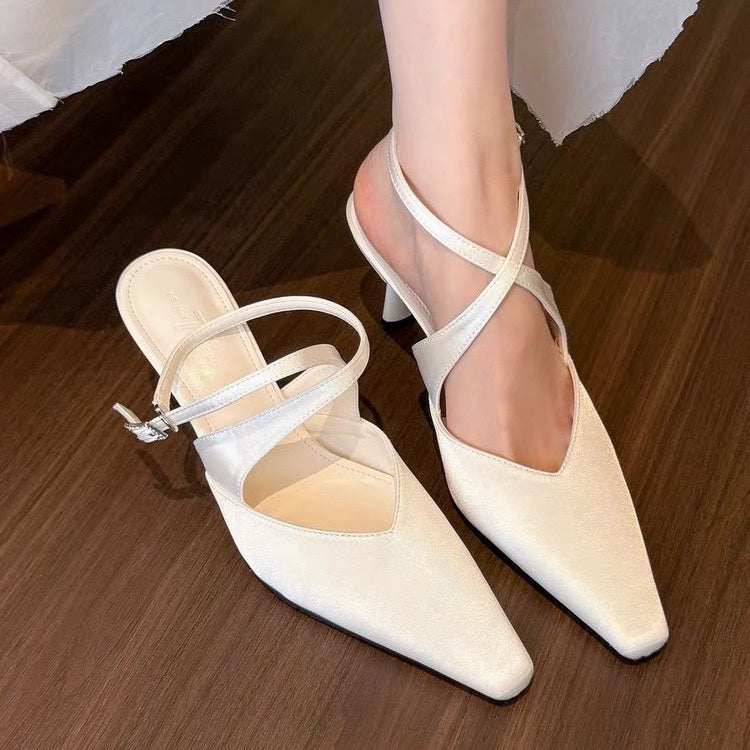 Women's Satin Pointed Toe Stiletto Pumps with Cross Strap Buckle
