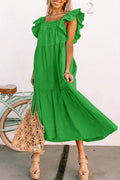 Green Ruffled Flutter Sleeve Square Neck Tiered Maxi Dress