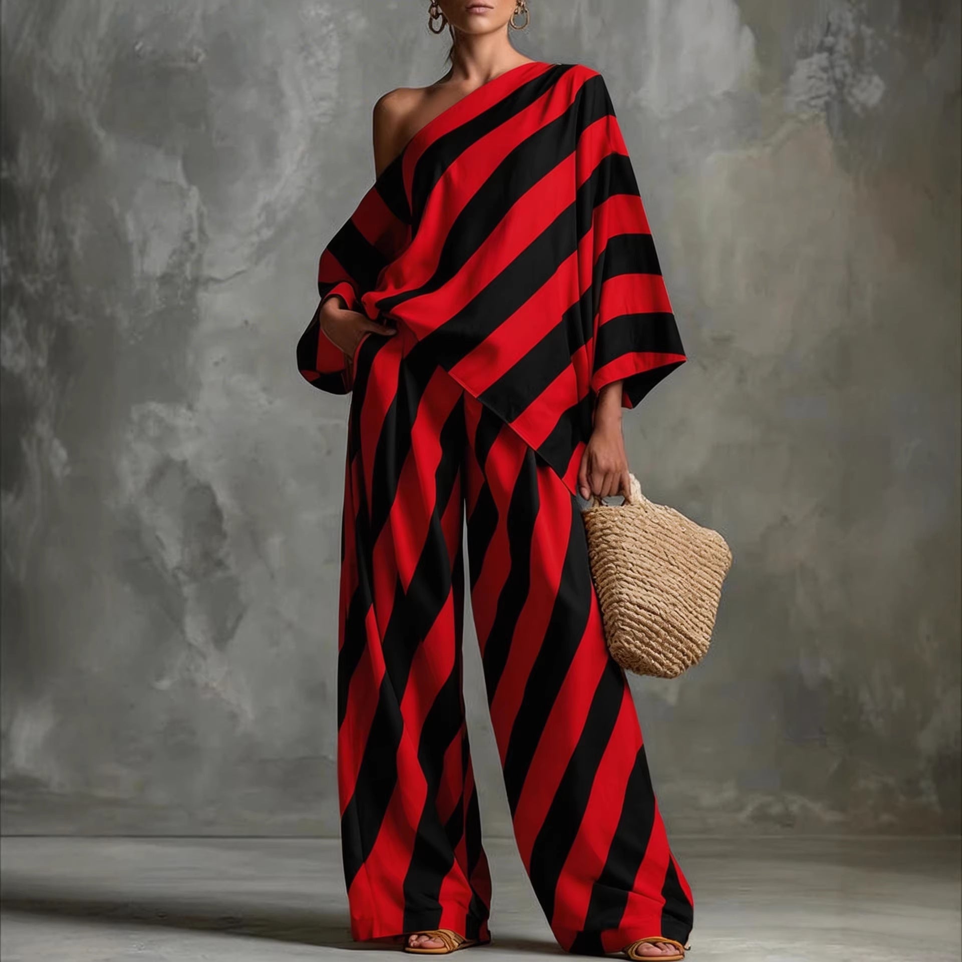 Women's Striped One-Shoulder Top and Wide-Leg Pants Set - Image 4