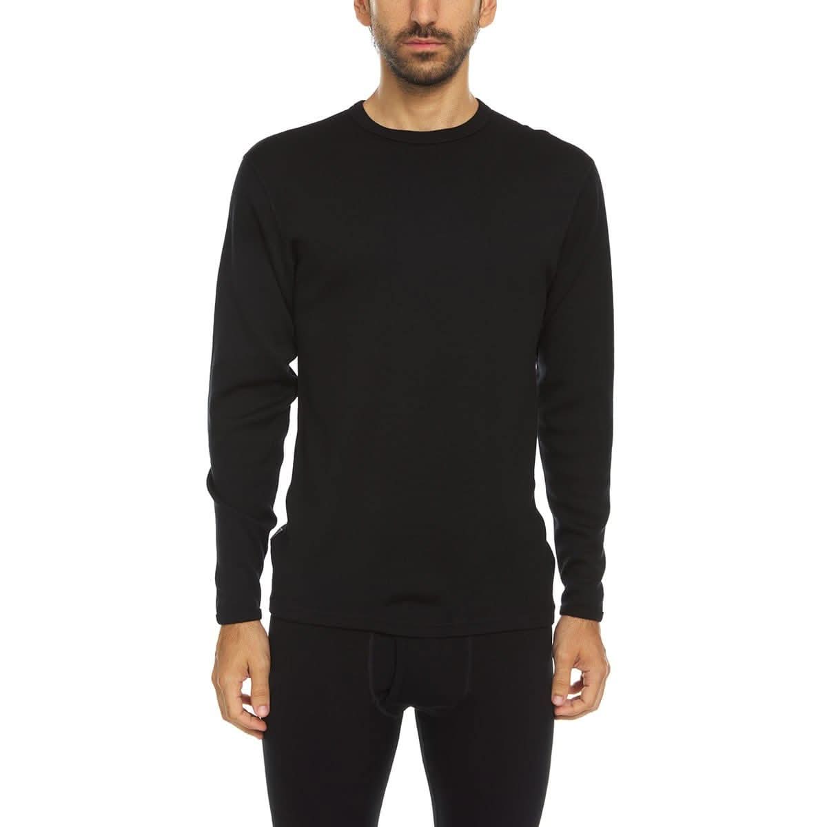 Men wearing a solid black heavyweight Merino wool crew neck long sleeve top with a minimalist aesthetic.
