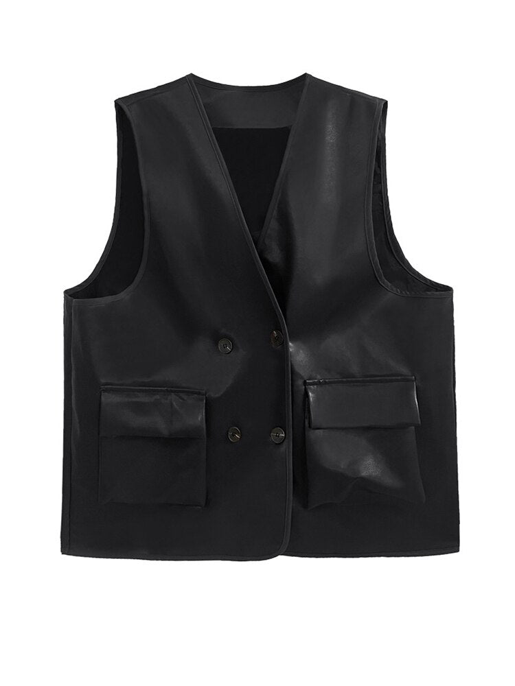 Women Coffee Color Leather Vest Oversized Loose Fit V-Collar - Image 6