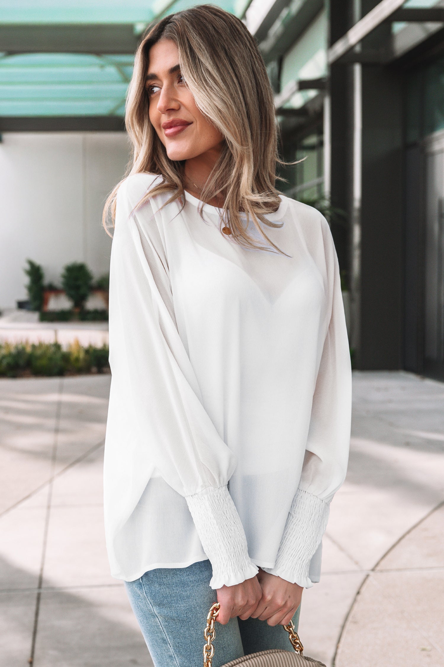 White Dolman Sleeve Blouse with Smocked Cuffs Long Sleeve Top