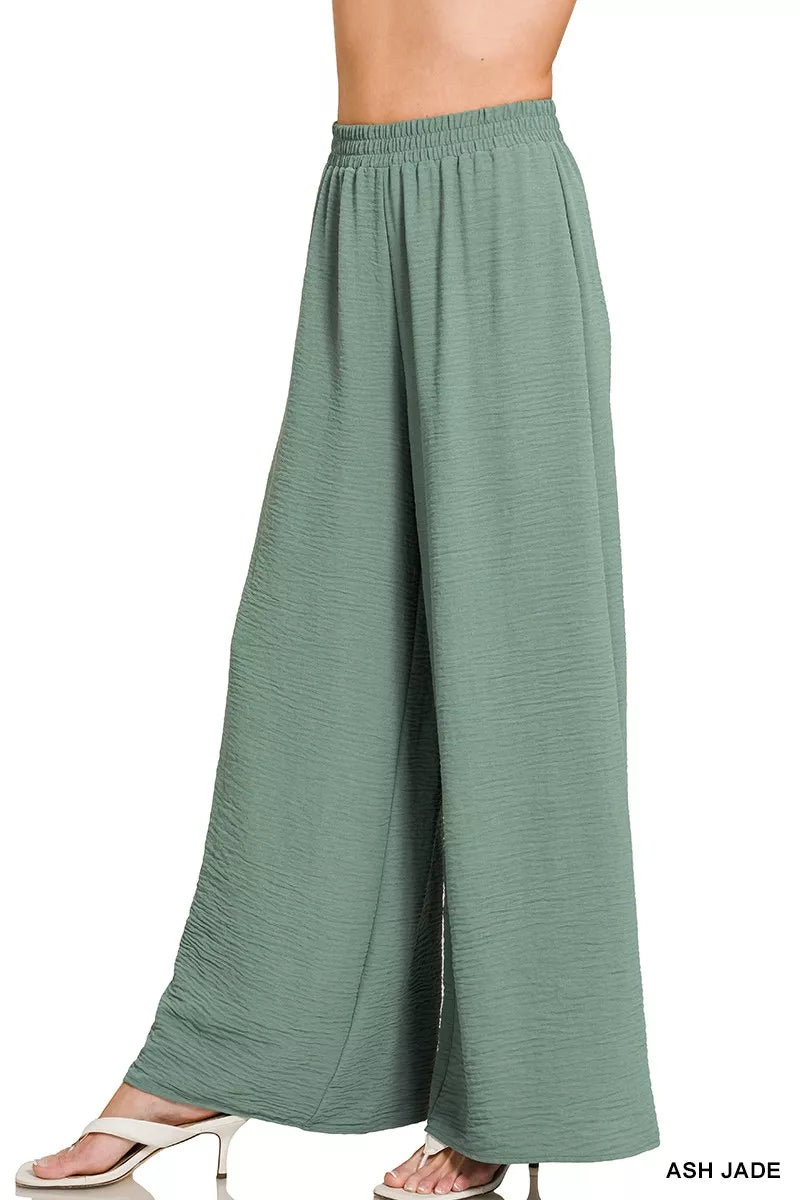 Zenana Woven Airflow Elastic Waistband Wide-Leg Pants