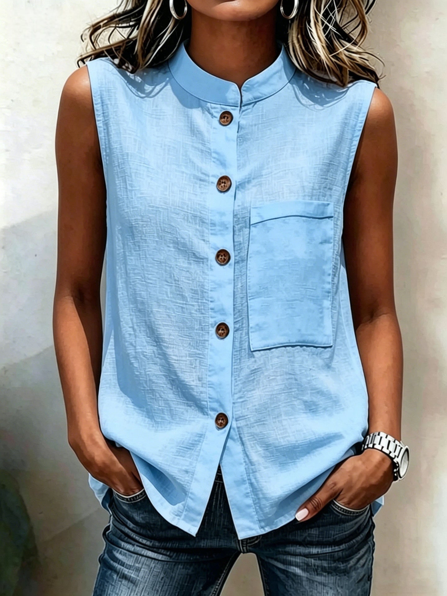 Women's Sleeveless Button-Down Blouse with Chest Pocket - Image 8