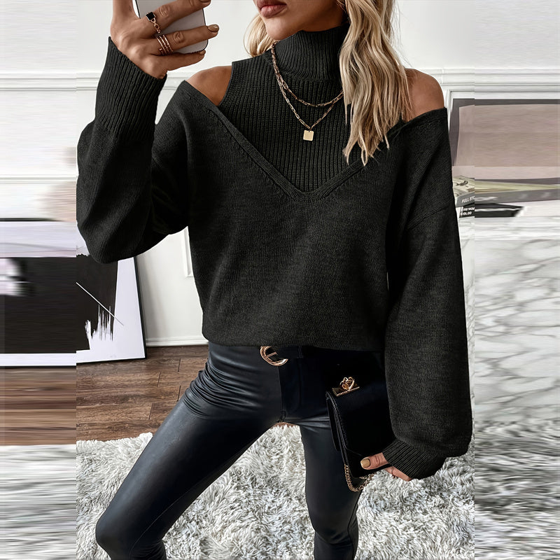 Women's Off-Shoulder Turtleneck Long Sleeve Knit Sweater - Image 4