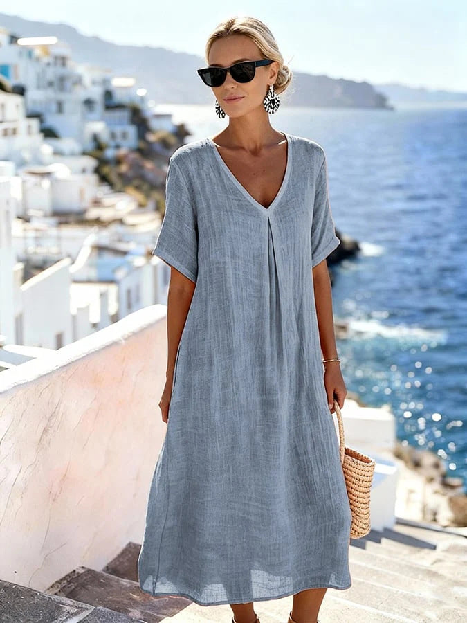 Patchwork Asymmetrical Maxi Dress - Relaxed Linen V-Neck Style