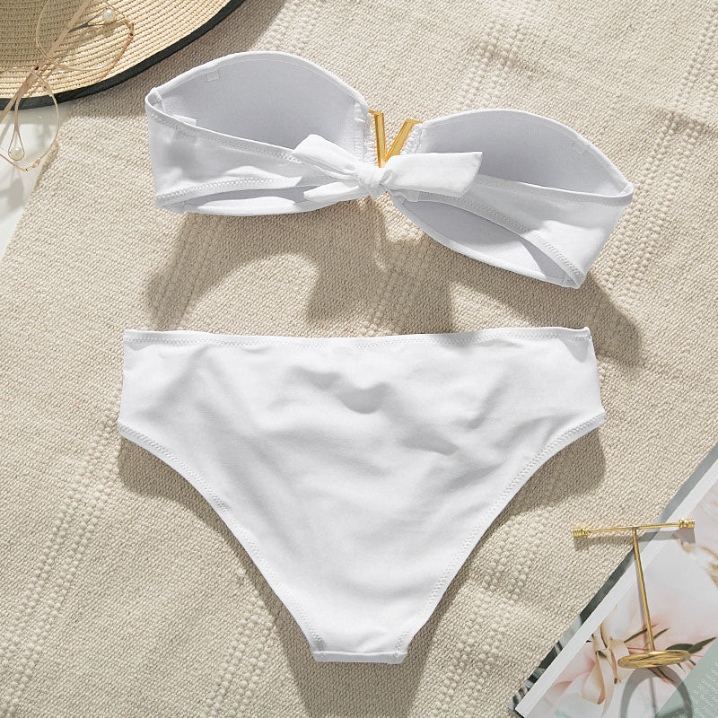 White Push Up Woman Swimsuit Summer Beach Sexy Bikini Set Solid Swimming Suit For Women Swimwear Bandeau Bathing Suit