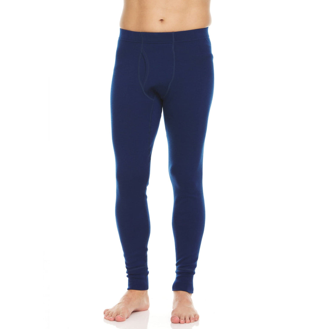 Men's heavyweight merino wool thermal bottoms in solid black, navy, and olive color options