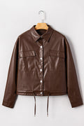 112 Chicory Coffee Leather Jacket - Double Flap Pocket Drawstring