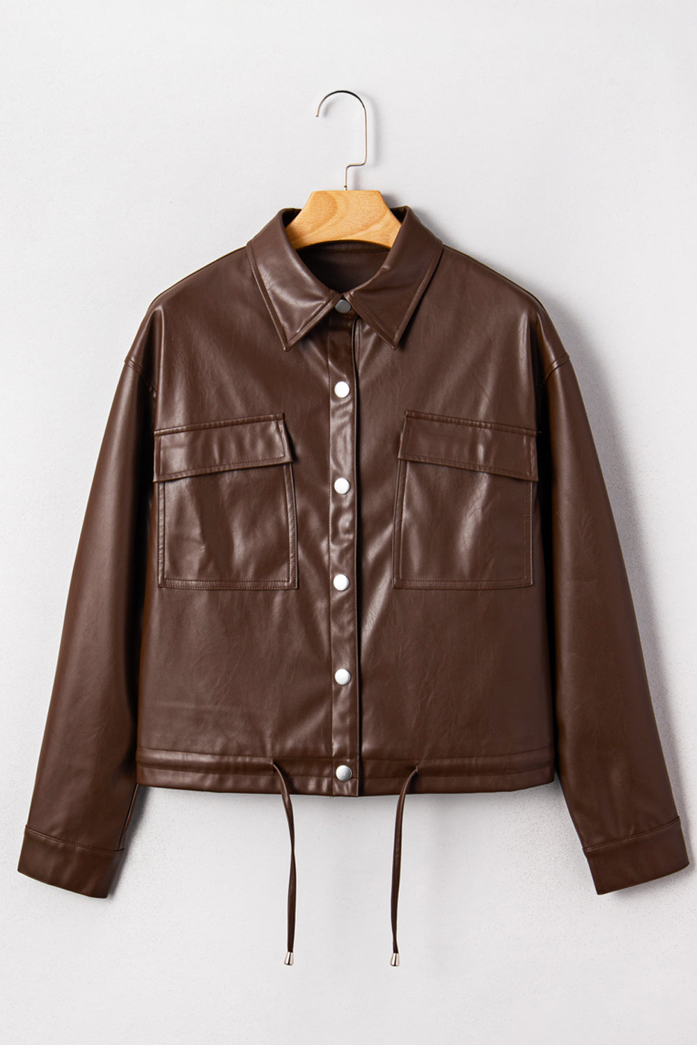 112 Chicory Coffee Leather Jacket - Double Flap Pocket Drawstring
