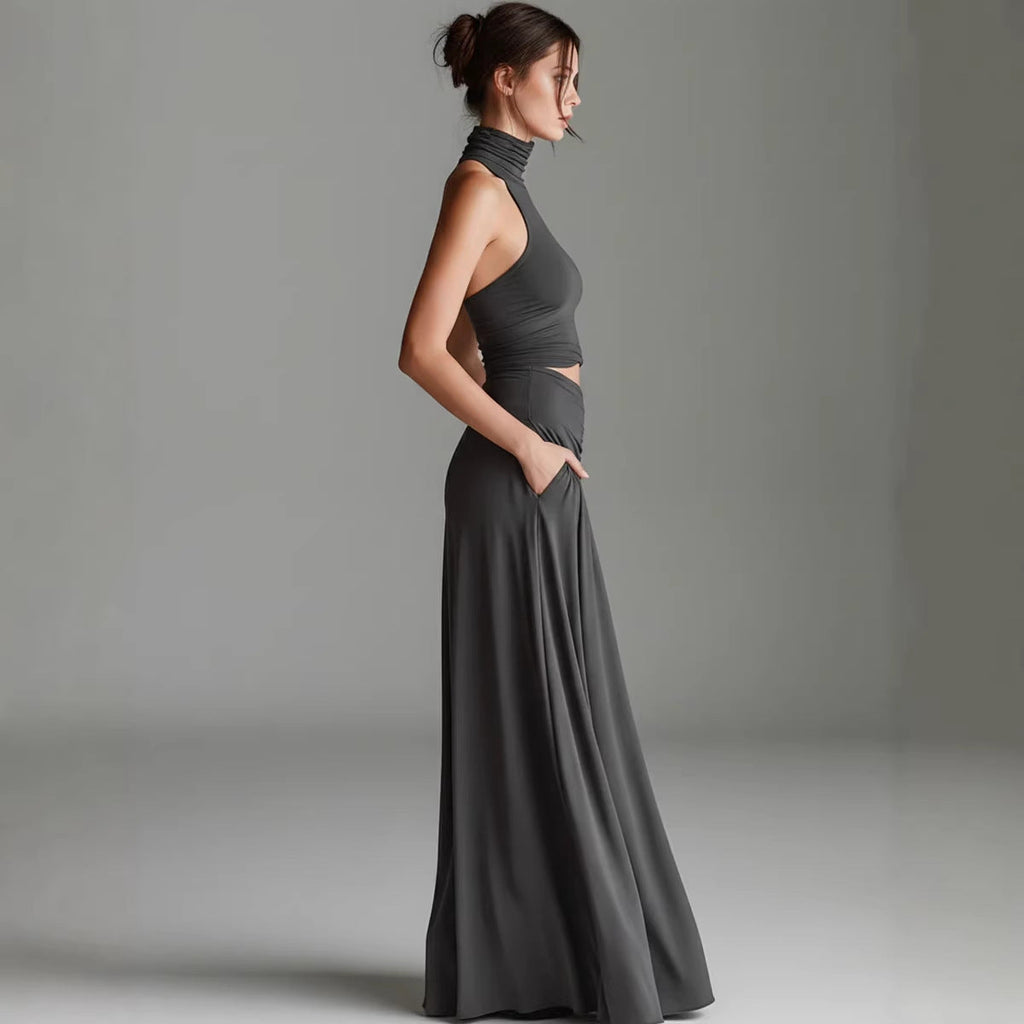 Women's Sleeveless High-Neck Top and Long A-Line Dress Set
