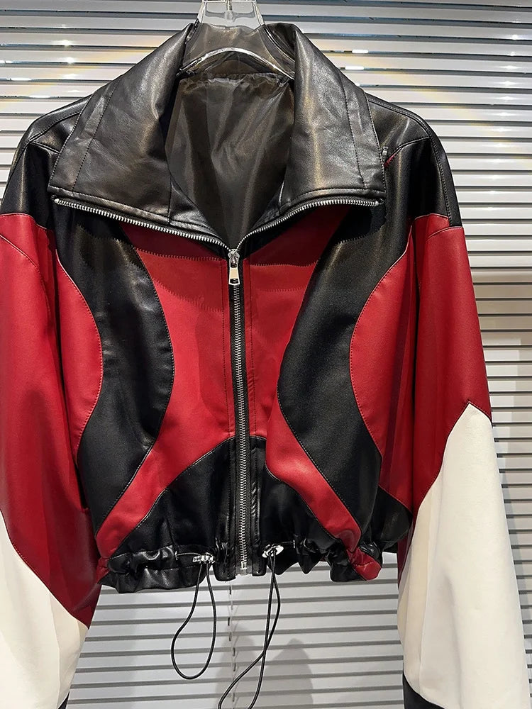 Women's Harajuku Contrast Patchwork Leather Motorcycle Jacket - Image 5