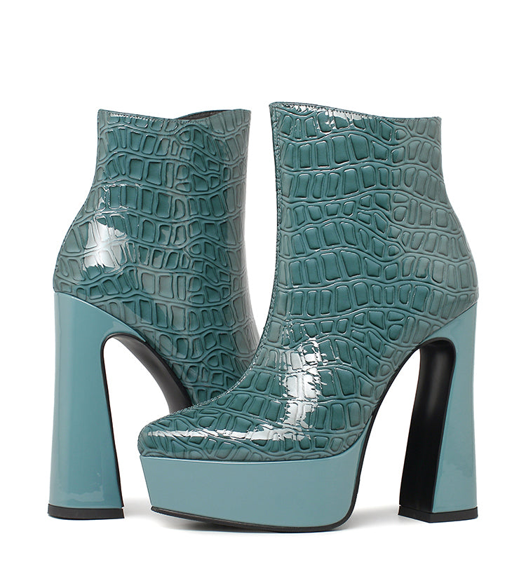 Women's Teal Patent Croc Platform High Heel Ankle Boots - Image 2