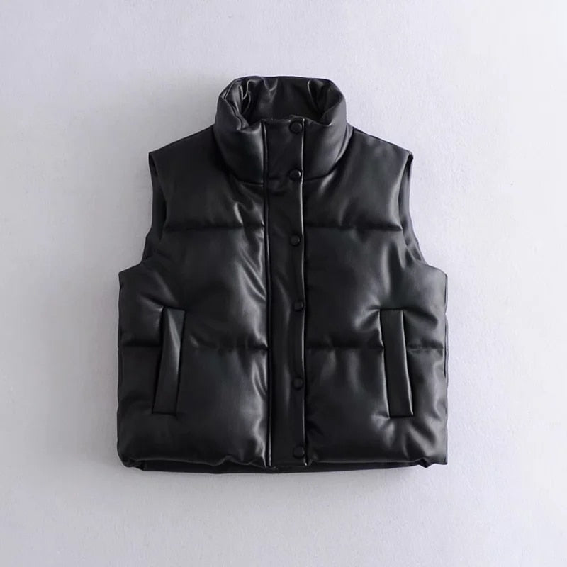 Women's Black Faux Leather Puffer Vest - Harajuku Style - Image 4