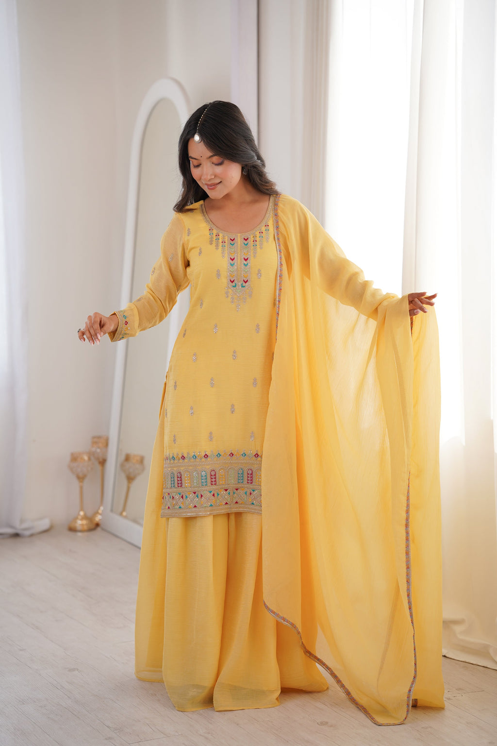 Yellow Crunchy Silk Kurta Palazzo Set with Embroidery and Jari