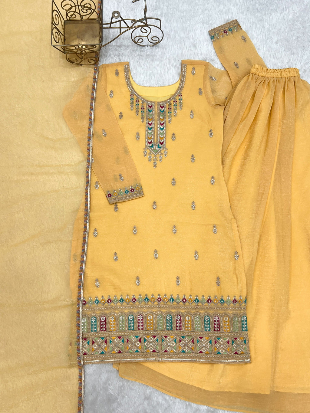 Yellow Crunchy Silk Kurta Palazzo Set with Embroidery and Jari