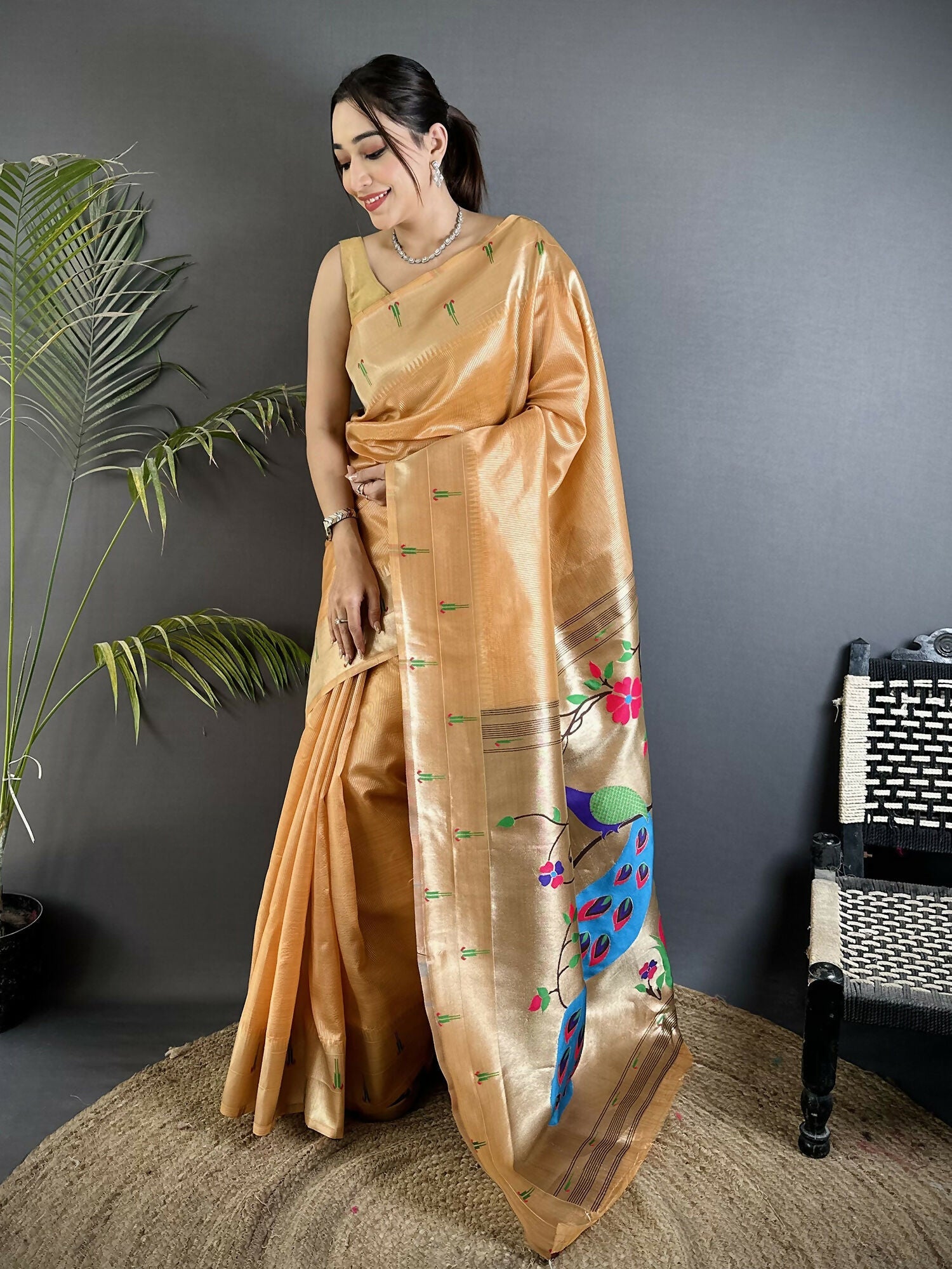 Joban Fashion Gold Yellow Peacock & Floral Motifs Tissue Paithani Saree