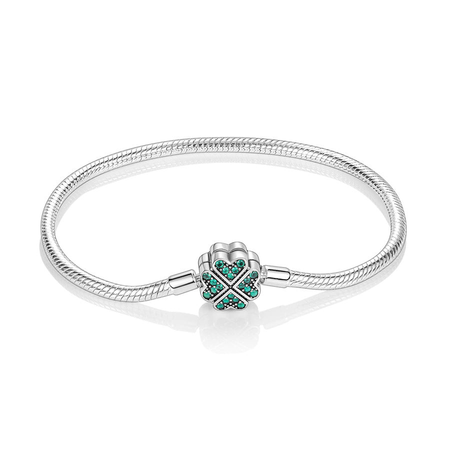 Woven Heart Bracelet with Clover Zircon, Silver-Plated Minimalist