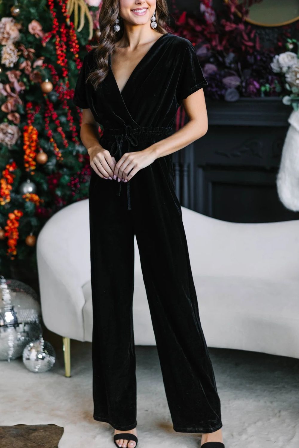 Burgundy Velvet Drawstring Surplice Jumpsuit | Wide-Leg Party