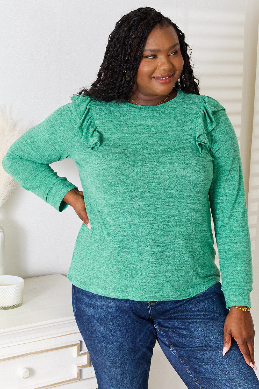 Ruffle Shoulder Long Sleeve T-Shirt | Stretchy Opaque Tee