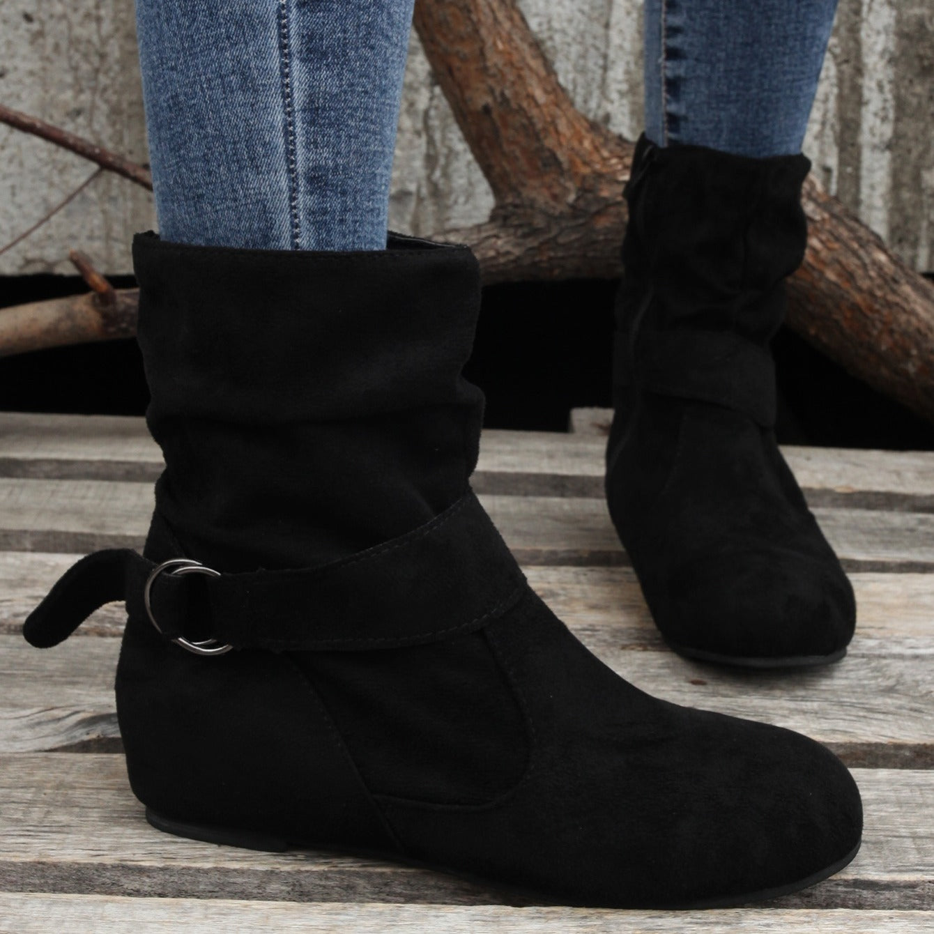 Women's Ankle Boots with Buckle Belt & Side Zip