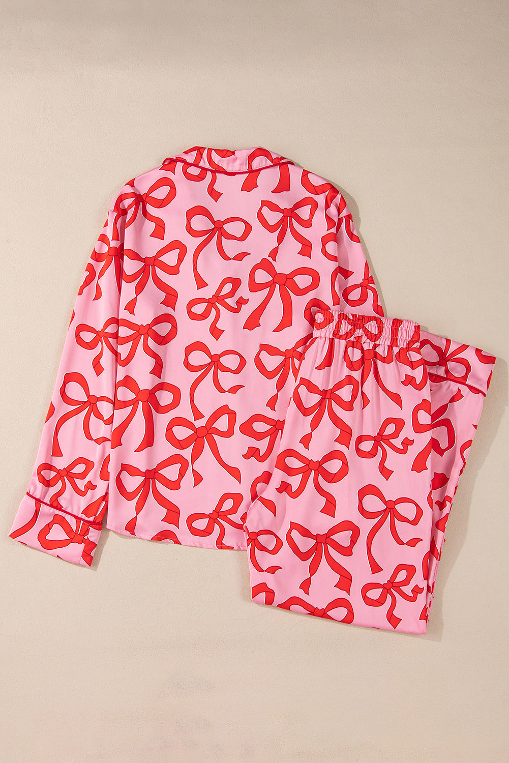 Pink Bow Print Shirt Style Long Sleeve 2pc Pajama Set