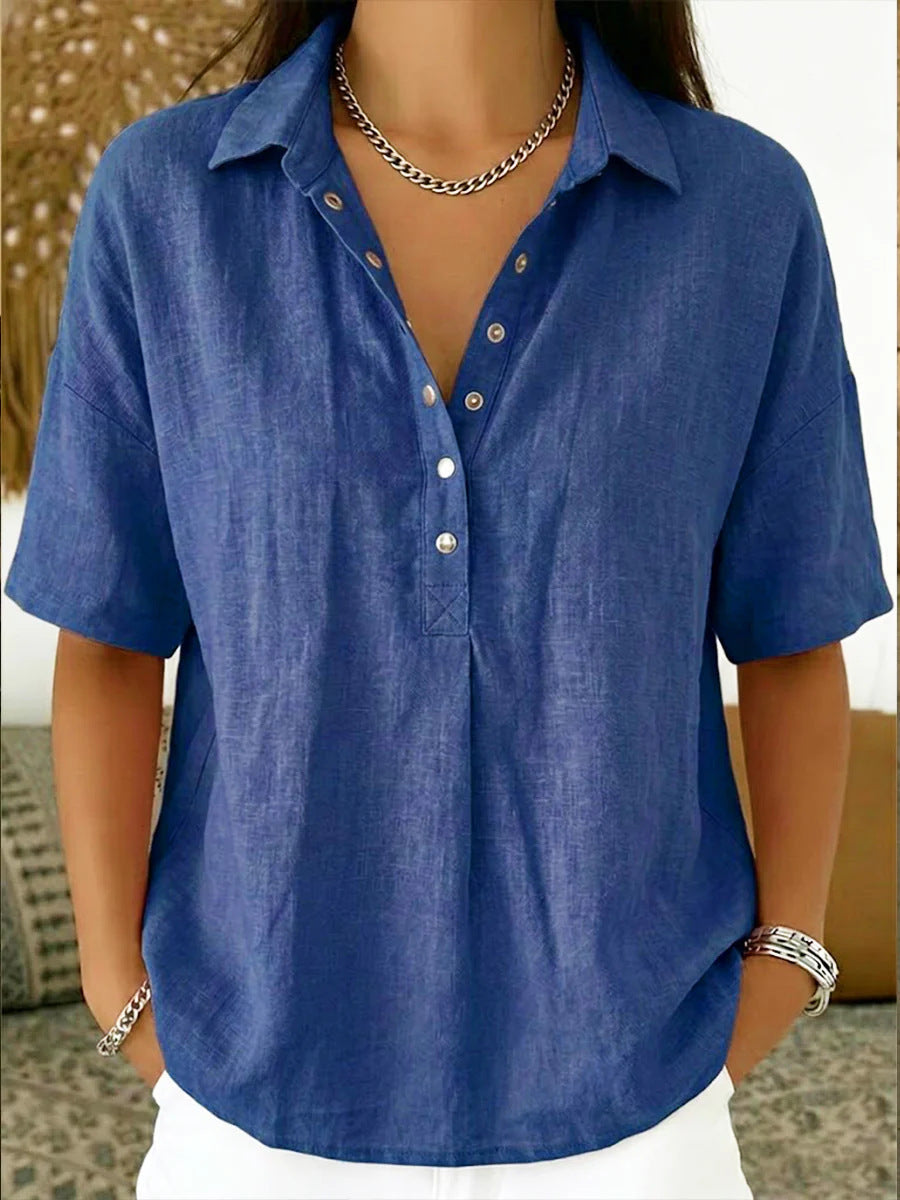 Women's Linen Short Sleeve Button Pullover Shirt