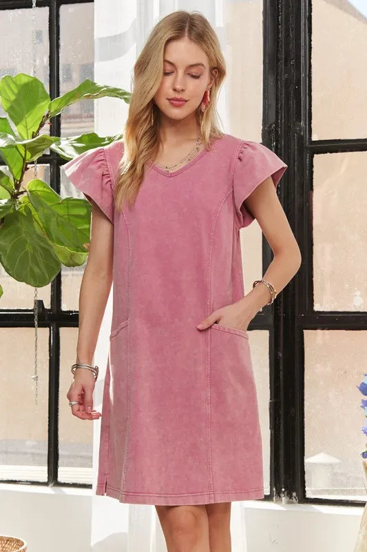Dusty Rose Mineral Washed Ruffled Cap Sleeve V-Neck Dress