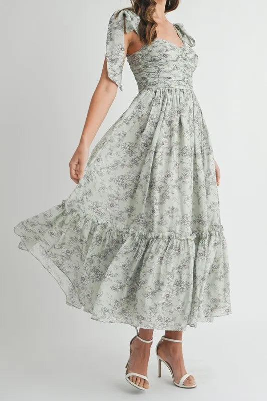 Floral Bust Ruched Midi Dress with Shoulder Tie