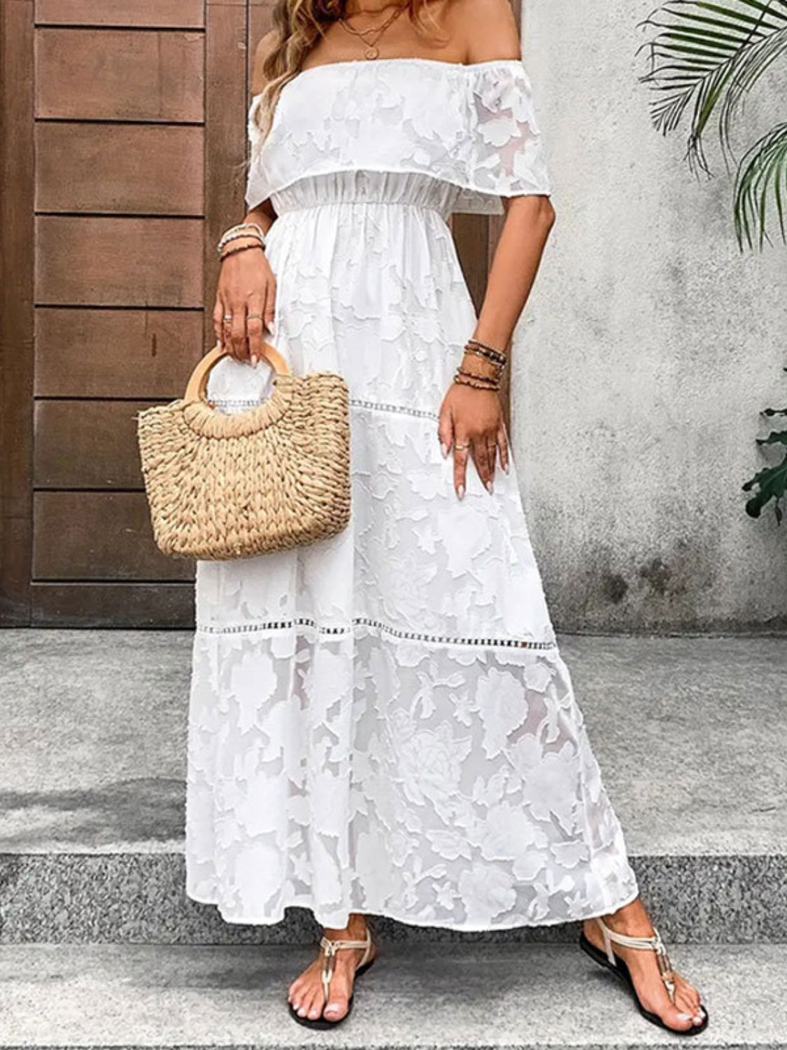 White Floral Off-Shoulder Maxi Dress Bohemian Resort Summer Gown