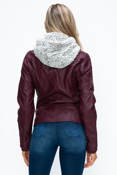 Dual-Zipper Layered Jacket with Fuzzy Hood in Burgundy and Grey