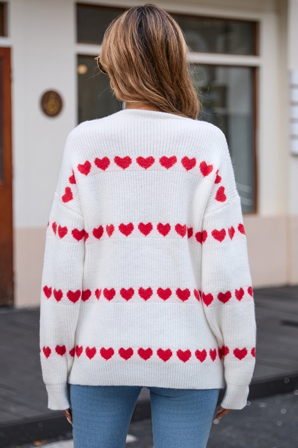 White Red Heart Print Long Sleeve Crew Neck Sweater - Image 5