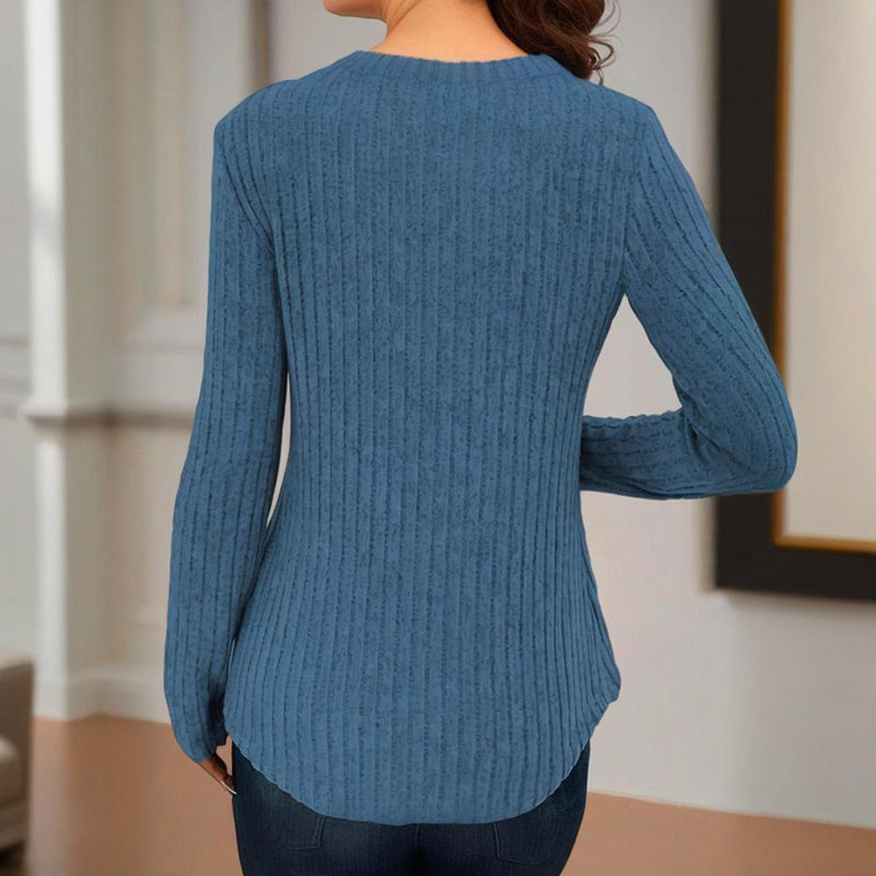 Women's V-Neck Button Front Long Sleeve Ribbed Knit Top - Image 3